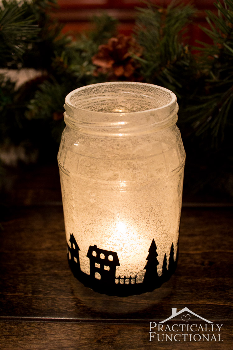 Snowy Christmas Village Silhouette Candle Jar