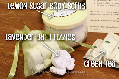 Body scrub, bath fizzies, and green tea