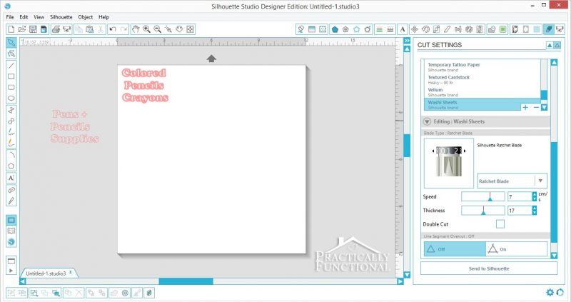 screenshot of washi tape labels being designed in Silhouette Studio software