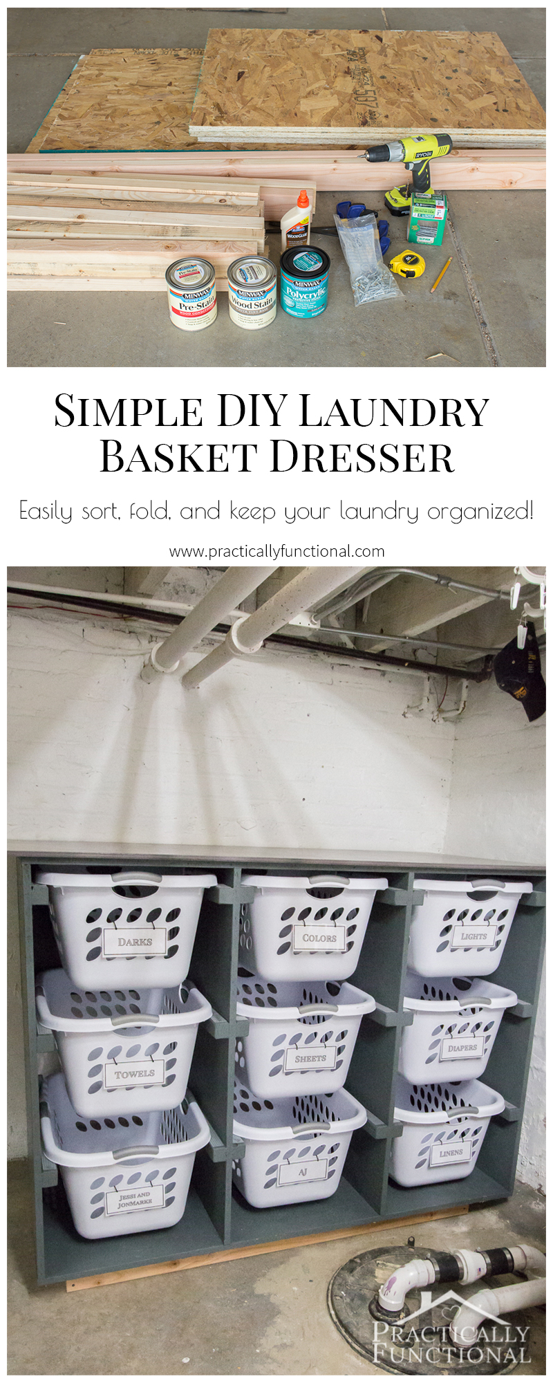 Build a simple laundry basket dresser to organize your laundry room, with a smooth top for folding and sorting!