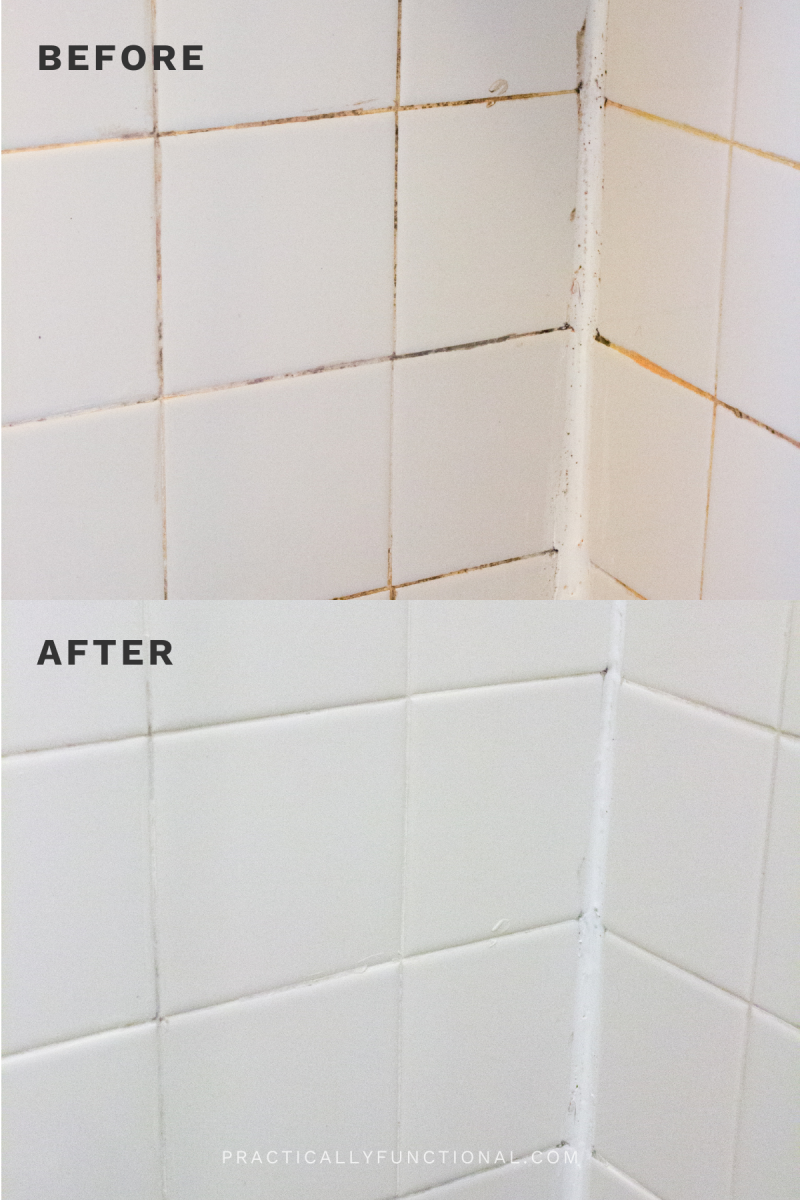 before and after collage of white tile with dirty grout and white tile with clean grout