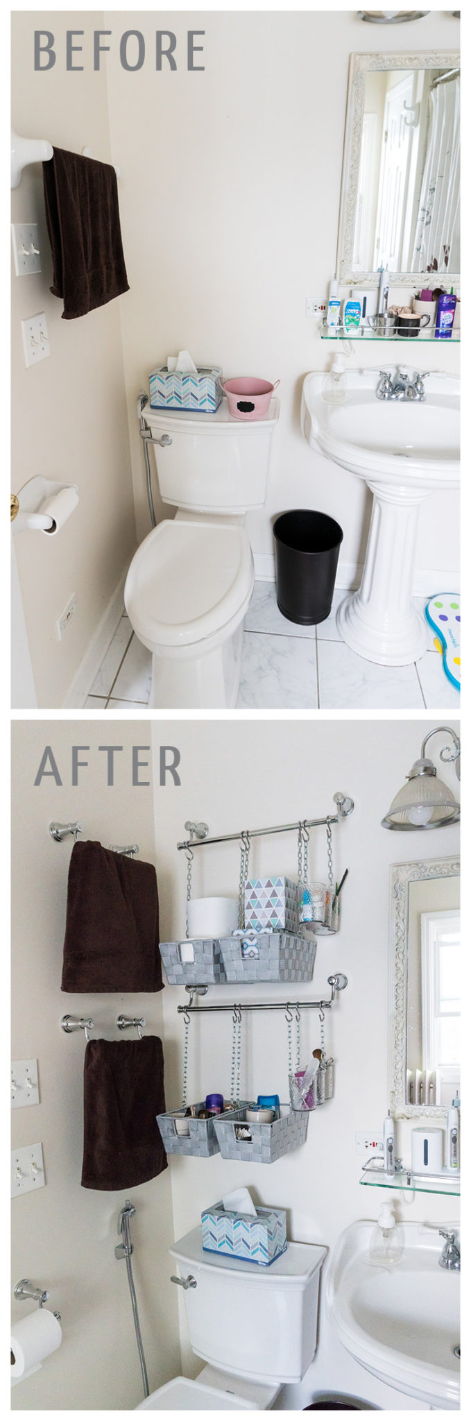 DIY Hanging Storage Bins For Over The Toilet Storage Practically Functional