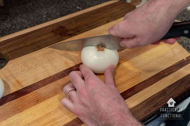 Cut through the root to grill onion wedges