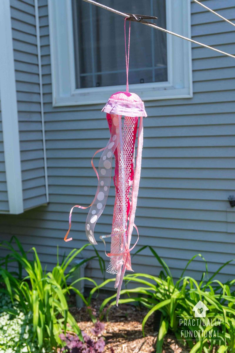 Homemade jellyfish windsock blowing in the wind