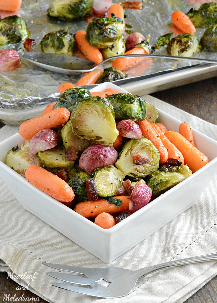 Easy sheet pan roasted veggies bacon carrots radishes brussels sprouts and 14 other thanksgiving vegetable side dishes everyone will love