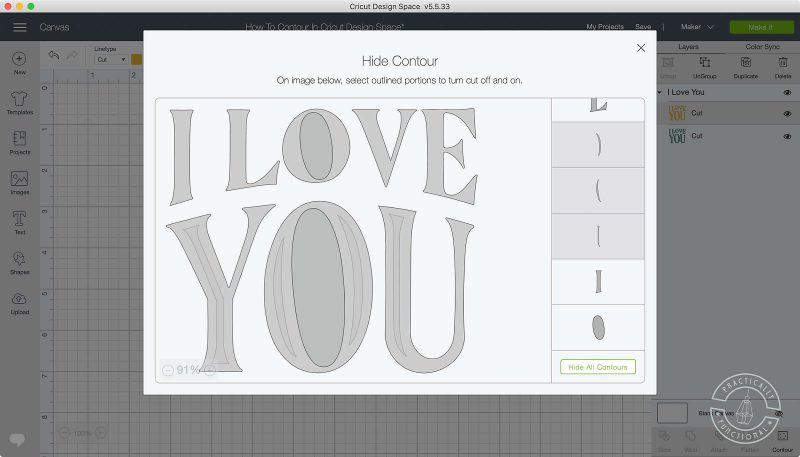 Use the contour tool in cricut design space to turn on or off cut lines turn off cut lines by selecting areas