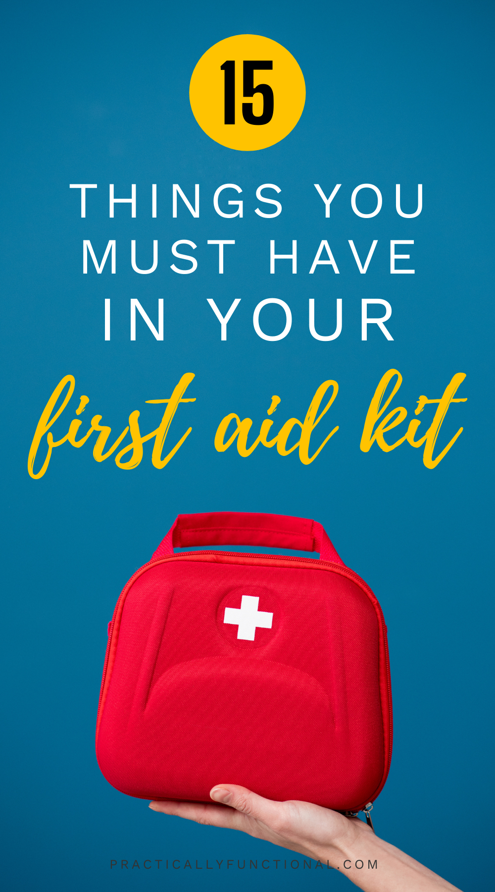 red first aid kit on blue background