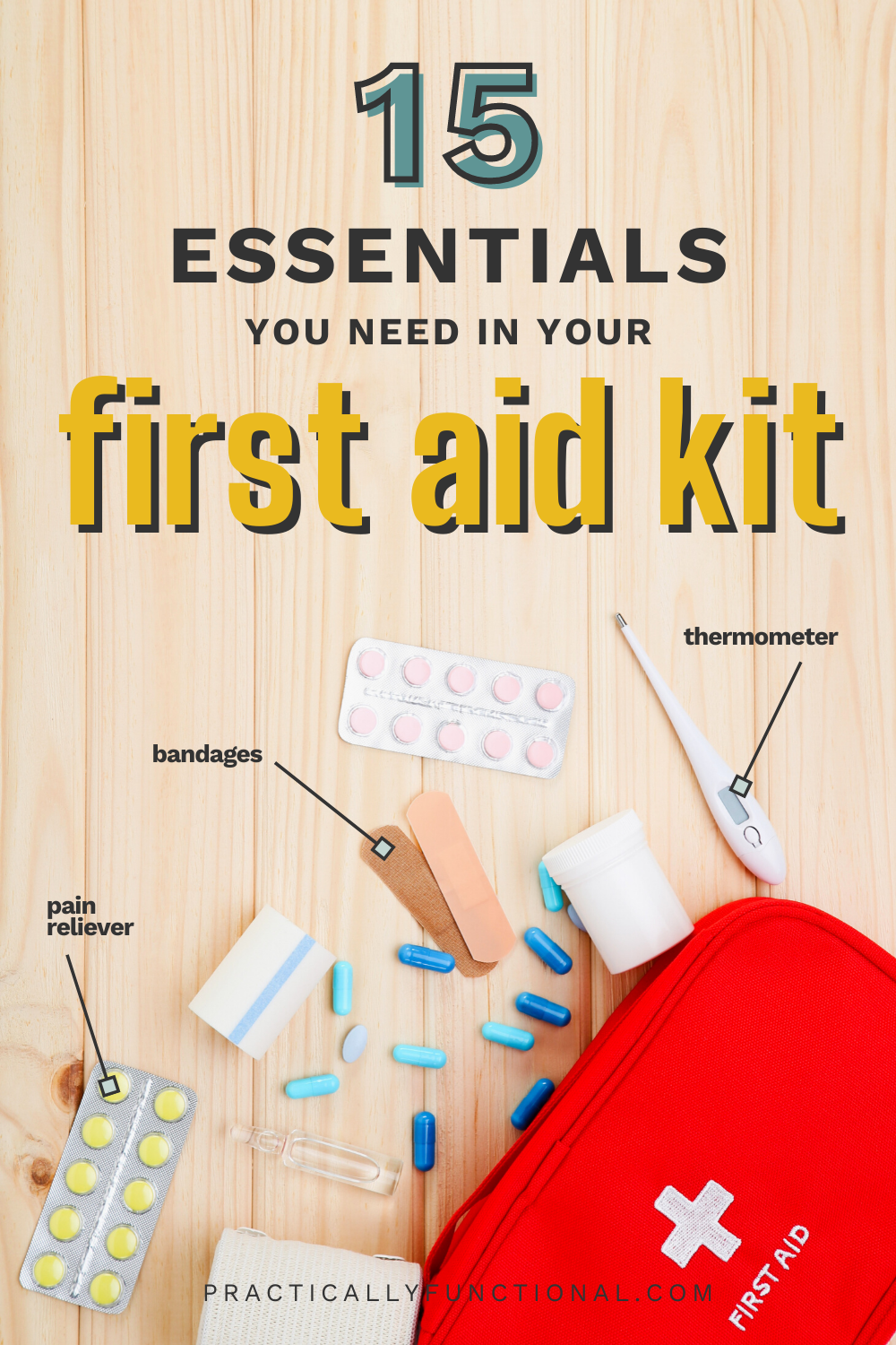red first aid kit open with emergency essentials and supplies spilling out