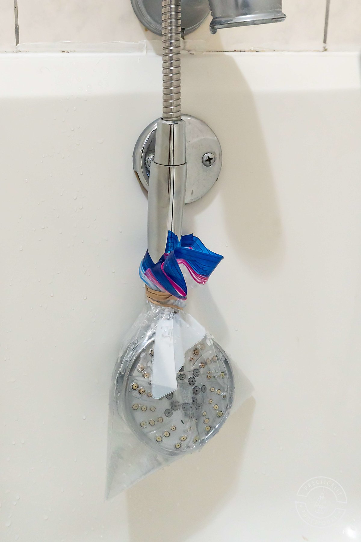 removable shower sprayer head soaking in vinegar in a ziploc bag
